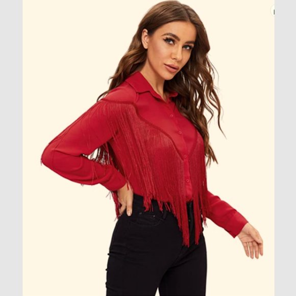 New with Tags Verdusa Women's Fringe-Trim Red Blouse, Size XL - Picture 10 of 12